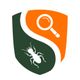 Shield with orange and green halves; a magnifying glass and an insect silhouette inside.