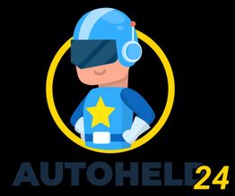 Ein Cartoon-Superheld in Blau und Gelb mit dem Text "AUTOHELD 24" darunter.