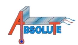 Logo with "Absolute" in stylized text featuring a thermometer and a panel design.