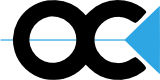 Schwarzes "oc"-Logo mit blauem Pfeil nach rechts auf weißem Hintergrund.