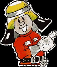 Lächelnde Comicfigur im Feuerwehranzug zeigt mit dem Finger zur Seite.