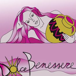 Donna con brocca e capelli rosa, scritta "Dolce Benessere", sole stilizzato. Sfondo viola chiaro.