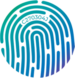 Vingerafdruk in blauwgroene kleuren met bovenaan de code "C270304J".