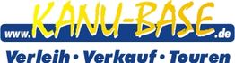 Kanu-Base-Logo: Gelber Text oben, blauer Hintergrund mit URL, unten "Verleih, Verkauf, Touren".