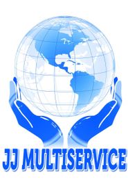 Mãos azuis segurando um globo com "JJ Multiservice" escrito abaixo.