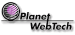 Logo von Planet WebTech mit stilisierter Erdkugel und violetten Akzenten.