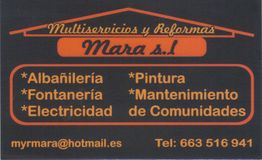 Tarjeta de "Multiservicios y Reformas Mara" con servicios y datos de contacto en texto naranja.