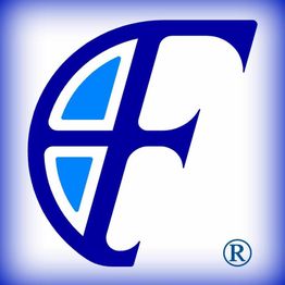 Logo con lettera "F" blu e marchio registrato in un design stilizzato su sfondo sfumato.