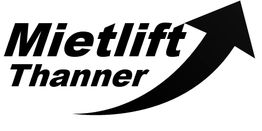 Schwarzes Logo "Mietlift Thanner" mit nach rechts zeigendem Pfeil darunter.