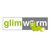 "Logo mit dem Text 'glimworm', ein grüner Wurm mit leuchtendem Ende als Buchstabe 'w' integriert."