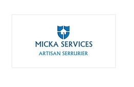 Logo de Micka Services, artisan serrurier, avec un symbole de serrure bleu au-dessus du texte.