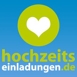 Grünes Herzsymbol oben, darunter der Schriftzug "hochzeitseinladungen.de" auf blauem Hintergrund.