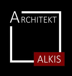 Schwarzes Logo mit weißem Rahmen, Text: "Architekt" oben, "Alkis" unten auf rotem Hintergrund.