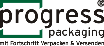 "Logo von Progress Packaging mit dem Slogan 'mit Fortschritt Verpacken & Versenden'."