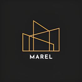 Logo geométrico de Marel en negro y dorado.