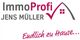 Logo von ImmoProfi Jens Müller mit dem Slogan "Endlich zu Hause" und Hausgrafik.