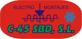 Logotipo rojo de "Electro Montajes C-45 SBD, S.L." con símbolo eléctrico y copo de nieve.