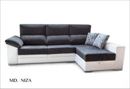 Sofá esquinero gris y blanco con almohadón decorativo, modelo MD. NIZA.