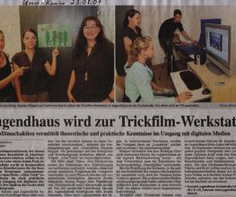 Zeitungsartikel über das Jugendhaus als Trickfilm-Werkstatt, mit Personen, die Animationen erstellen.