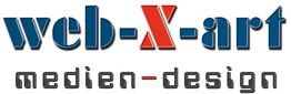 Logo mit dem Text "web-X-art medien-design" in blauen und roten Buchstaben.