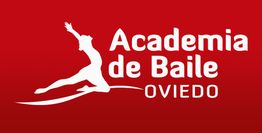 Logo rojo de "Academia de Baile Oviedo" con una silueta blanca de bailarina en pose.