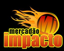 Logo com "mercadão impacto" em letras vermelhas e laranja com chamas ao fundo.