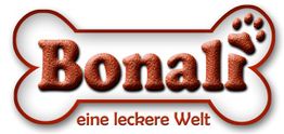 Logo in Knochenform mit rotem Text: "Bonali" und Fußabdruck, Text: "eine leckere Welt".