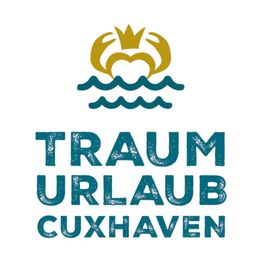 Logo mit Krone, Wellen und Schriftzug "Traumurlaub Cuxhaven" in Blau und Gold.