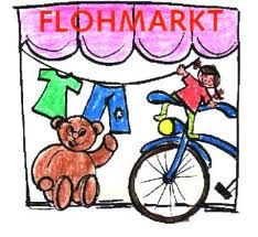 Illustration eines Flohmarkts mit einem Teddybär, Kleidung, Fahrrad und einem Kind.