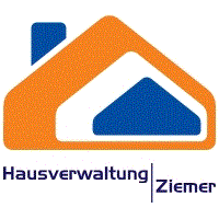 Logo mit orange-blauem Hausumriss, Text "Hausverwaltung Ziemer".