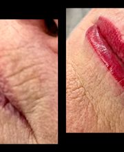Close-up van lippen, links zonder make-up en rechts met rode lippenstift.