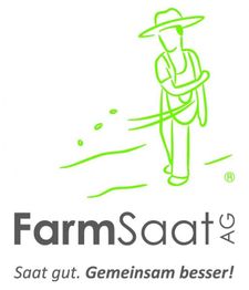 Skizze eines Bauern mit Hut, FarmSaat AG-Logo mit Slogan "Saat gut. Gemeinsam besser!".