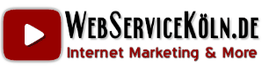 Logo von WebServiceKöln.de mit rotem Play-Symbol. Text: Internet Marketing & More.