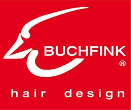 Rotes Logo mit stilisiertem Vogel, Text "BUCHFINK hair design" in Weiß.