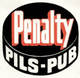 Schwarzes Logo mit roter Schrift: „Penalty Pils-Pub“ auf einem Hockey-Puck-Design.