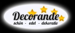 "Logo mit dem Text 'Decorande', begleitet von drei gelben Sternen, 'schön - edel - dekorativ'."
