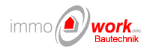 Logo mit grauem "immo" und rotem "work GmbH Bautechnik" Text, Haus-Symbol im Kreis.