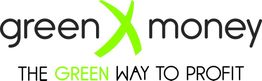 Logo mit grünem "greenXmoney" und Slogan "The green way to profit" in Schwarz und Grün.