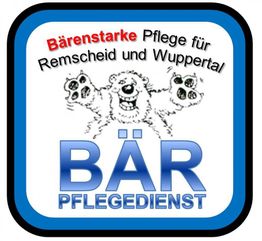 Logo des Bär Pflegedienstes mit einem lachenden Bären und Text zu Pflege in Remscheid und Wuppertal.