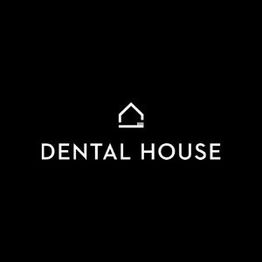 Logo with a house symbol above the words "Dental House" on a black background.