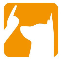 Hundesilhouette und erhobener Finger auf orangefarbenem Hintergrund.