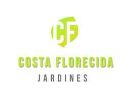 Logotipo de Costa Florecida Jardines con letras verdes y grises sobre un fondo blanco.