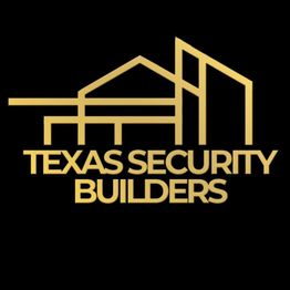 Gold Texas Security Builders logo with geometric building outlines on a black background.