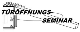 Zeichnung einer Tür mit dem Text "TÜRÖFFNUNGS-SEMINAR" darüber in fetter Schrift.