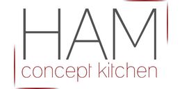 Logo mit Text "HAM concept kitchen" in grau und rot.