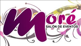 Logo "Moré Salón de Eventos" con fondo decorativo colorido.