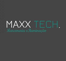 Logotipo da Maxx Tech com texto "Marcenaria e Iluminação" em fundo cinza escuro.
