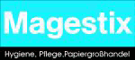 Logo für "Magestix" mit Text: "Hygiene, Pflege, Papiergroßhandel" auf schwarzem und blauem Hintergrund.