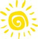 Stilisiertes gelbes Sonnensymbol mit einer spiralförmigen Mitte und umgebenden Strahlen.