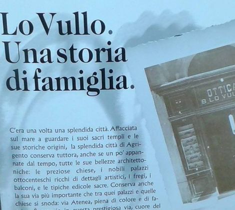 Testo di una storia di famiglia "Lo Vullo", con immagine di negozio ottico storico a destra.